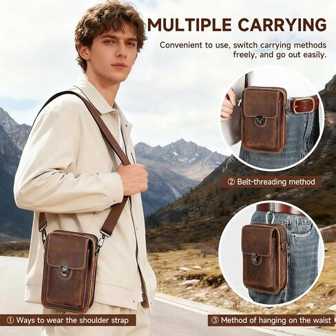 Mens Leather Phone Holster, Belt Pouch Fits 7 Inch Phone, Brown | Cowhide, Crossbody Carry, Waist Clip, Shoulder Strap, Zipper Pocket, Front Latch, Compact Daily Essentials in Saudi Arabia