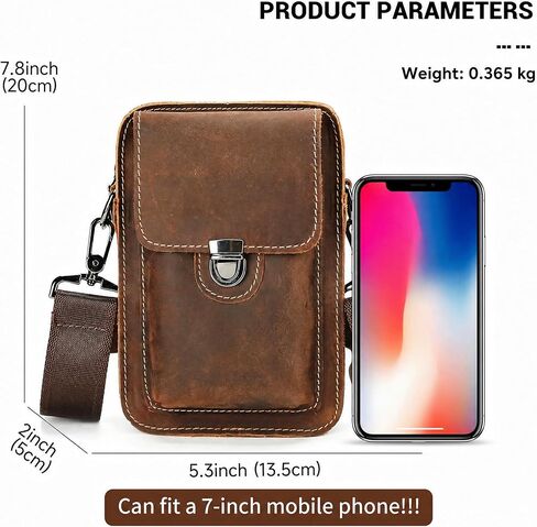 Mens Leather Phone Holster, Belt Pouch Fits 7 Inch Phone, Brown | Cowhide, Crossbody Carry, Waist Clip, Shoulder Strap, Zipper Pocket, Front Latch, Compact Daily Essentials in Saudi Arabia