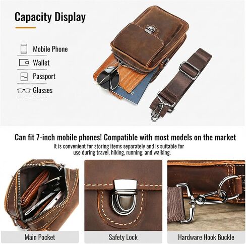 Mens Leather Phone Holster, Belt Pouch Fits 7 Inch Phone, Brown | Cowhide, Crossbody Carry, Waist Clip, Shoulder Strap, Zipper Pocket, Front Latch, Compact Daily Essentials in Saudi Arabia