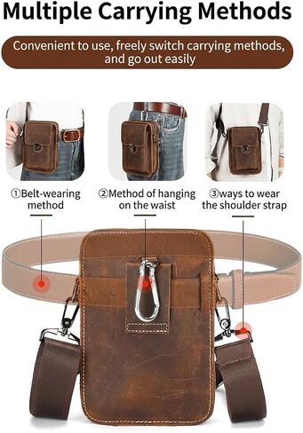 Mens Leather Phone Holster, Belt Pouch Fits 7 Inch Phone, Brown | Cowhide, Crossbody Carry, Waist Clip, Shoulder Strap, Zipper Pocket, Front Latch, Compact Daily Essentials in Saudi Arabia