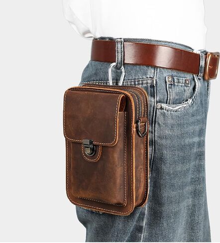 Mens Leather Phone Holster, Belt Pouch Fits 7 Inch Phone, Brown | Cowhide, Crossbody Carry, Waist Clip, Shoulder Strap, Zipper Pocket, Front Latch, Compact Daily Essentials in Saudi Arabia