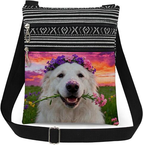 Pyrenees Mountain Dog with Floral Print Messenger Bag Outdoor Daily Use Great Pyrenees Purse Adjustable Strap Crossbody Bag Birthday Present for Dog Lovers Friend Sister in Kuwait