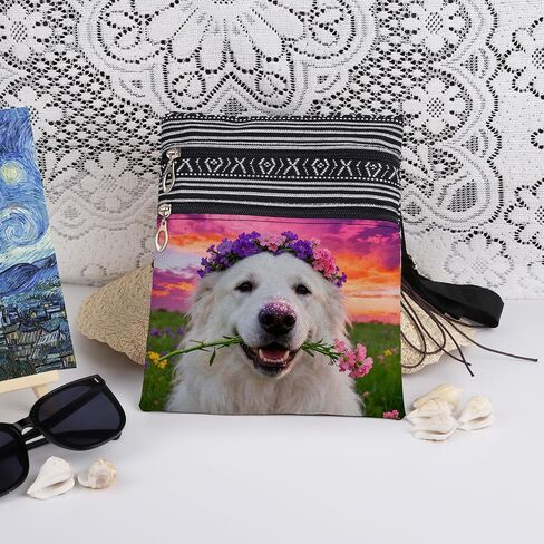 Pyrenees Mountain Dog with Floral Print Messenger Bag Outdoor Daily Use Great Pyrenees Purse Adjustable Strap Crossbody Bag Birthday Present for Dog Lovers Friend Sister in Kuwait