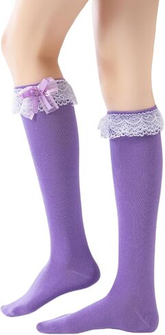 Gellwhu Women Girl's Cotton Knee High Socks with Lace Ruffle Trim Oktoberfest Lolita Kawaii Bow Calf Socks in Saudi Arabia