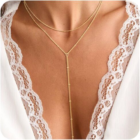 Lariat Gold Necklace for Women, Dainty Long Necklaces 14k Gold Plated Y-Shaped Layered Drop Necklaces for Women Trendy Simple Gold Jewelry for Prom Vacation Gifts in Saudi Arabia