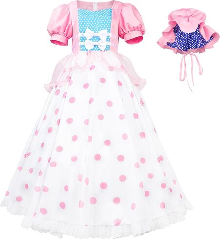 Womens Bo Peep Costume with Bonnet Hat Pink Polka Dot Dress Princess Halloween Cosplay Ball Gown for Adult L in Saudi Arabia