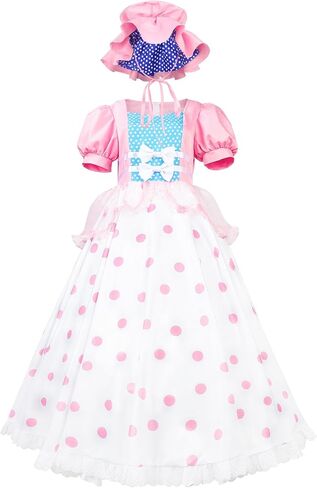 Womens Bo Peep Costume with Bonnet Hat Pink Polka Dot Dress Princess Halloween Cosplay Ball Gown for Adult L in Saudi Arabia