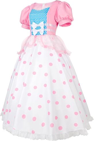Womens Bo Peep Costume with Bonnet Hat Pink Polka Dot Dress Princess Halloween Cosplay Ball Gown for Adult L in Saudi Arabia