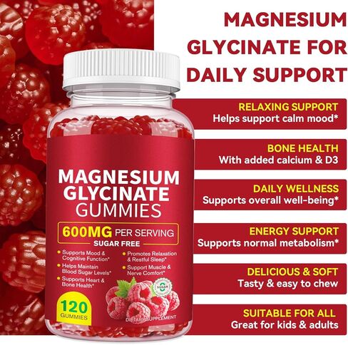 Magnesium Glycinate Gummies 120 Count, 600mg High Absorption Magnesium with L-Threonate, Sugar-Free & Non-GMO Supplement, Supports Relaxation and Sleep for Adults in Saudi Arabia