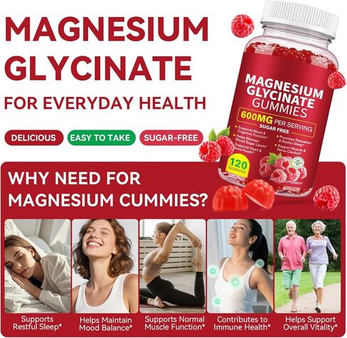 Magnesium Glycinate Gummies 120 Count, 600mg High Absorption Magnesium with L-Threonate, Sugar-Free & Non-GMO Supplement, Supports Relaxation and Sleep for Adults in Saudi Arabia