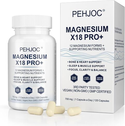 18-in-1 Magnesium Complex Supplement, Magnesium Glycinate, L-Threonate, Malate & Taurate, Gentle Daily Formula for Focus, Sleep, Muscle, Bone & Heart Support, 120 Capsules, 120-Day Supply in Kuwait