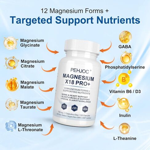 18-in-1 Magnesium Complex Supplement, Magnesium Glycinate, L-Threonate, Malate & Taurate, Gentle Daily Formula for Focus, Sleep, Muscle, Bone & Heart Support, 120 Capsules, 120-Day Supply in Kuwait