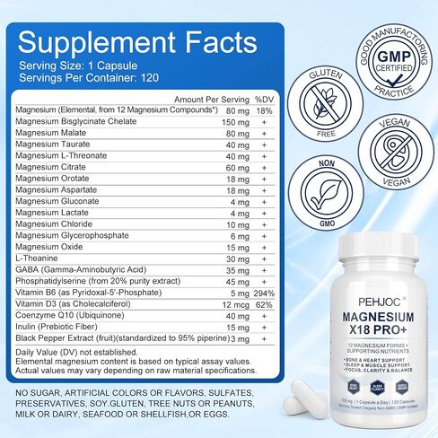 18-in-1 Magnesium Complex Supplement, Magnesium Glycinate, L-Threonate, Malate & Taurate, Gentle Daily Formula for Focus, Sleep, Muscle, Bone & Heart Support, 120 Capsules, 120-Day Supply in Kuwait