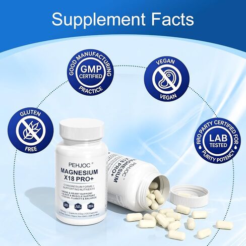 18-in-1 Magnesium Complex Supplement, Magnesium Glycinate, L-Threonate, Malate & Taurate, Gentle Daily Formula for Focus, Sleep, Muscle, Bone & Heart Support, 120 Capsules, 120-Day Supply in Kuwait