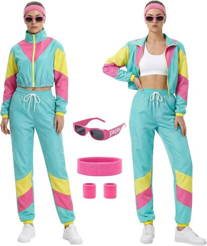 Girls 80s 90s Outfits Tracksuit Costume 5 Piece Color Block Retro Windbreaker Accessories Track Suits in Saudi Arabia
