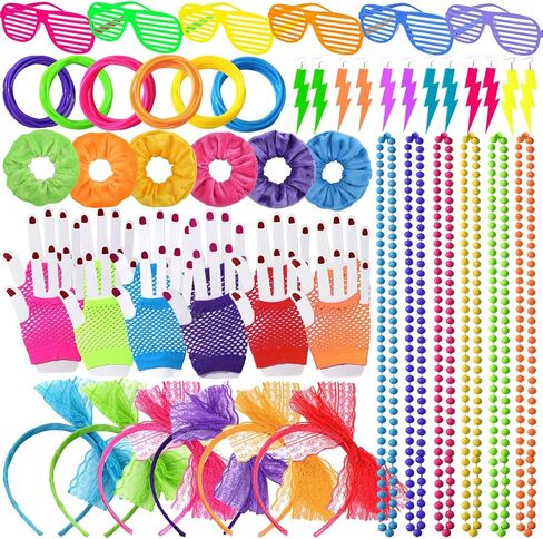 YAROMO 80s Costume Accessories Set, 80s 90s Birthday Party Gift Lace Headband Earring Necklace Fishnet Gloves Bracelet Neon Hair Scrunchies for Halloween Women Neon Outfit Party in Kuwait