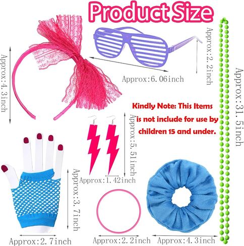 YAROMO 80s Costume Accessories Set, 80s 90s Birthday Party Gift Lace Headband Earring Necklace Fishnet Gloves Bracelet Neon Hair Scrunchies for Halloween Women Neon Outfit Party in Kuwait