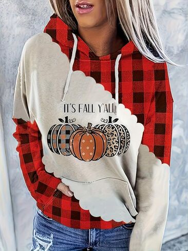 It's Fall Y'all Plaid Dot Pumpkin Sweatshirt Women's Halloween Long Sleeve Casual Pullover Tops in Kuwait