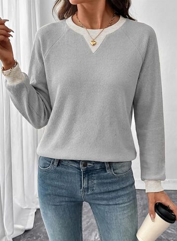 SHEWIN الهراء المرأة البلوز القطن عادية كم طويل بلايز Crewneck بلوزات البلوز 2026 خريف موضة الملابس in Kuwait