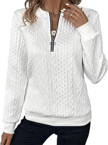 Zaswen Womens Half Zip Quilted Sweatshirts Crew Neck Long Sleeve Pullover Textured Tops Casual Crewneck Solid Fall Sweatshirt in Saudi Arabia