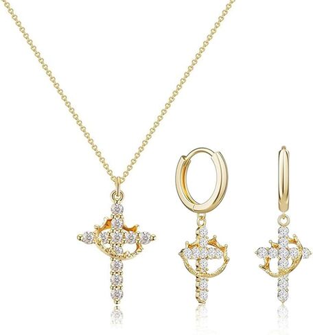 Gold Crown Cross Hoop Earrings and Pendant Necklace Set for Women, 14K Gold Plated Brass, Cubic Zirconia Huggie dangle Earring Jewelry, Trendy Dainty Christian Jewelry Gift in Saudi Arabia