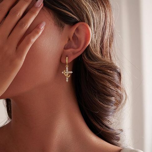 Gold Crown Cross Hoop Earrings and Pendant Necklace Set for Women, 14K Gold Plated Brass, Cubic Zirconia Huggie dangle Earring Jewelry, Trendy Dainty Christian Jewelry Gift in Saudi Arabia