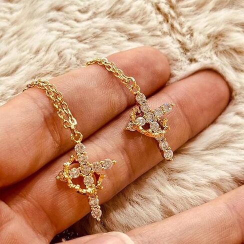 Gold Crown Cross Hoop Earrings and Pendant Necklace Set for Women, 14K Gold Plated Brass, Cubic Zirconia Huggie dangle Earring Jewelry, Trendy Dainty Christian Jewelry Gift in Saudi Arabia