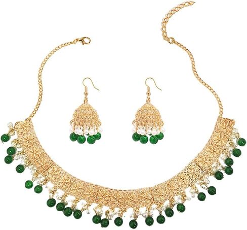 OIDIMS Indian Jewelry Set for Women Vintage Boho Flower Tassel Beaded Ball Charm Choker Necklace Elegant Dangle Drop Jhumka Earrings Bollywood Festival Statement Traditional Diwali Holiday in Kuwait