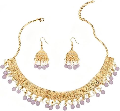 OIDIMS Indian Jewelry Set for Women Vintage Boho Flower Tassel Beaded Ball Charm Choker Necklace Elegant Dangle Drop Jhumka Earrings Bollywood Festival Statement Traditional Diwali Holiday in Kuwait