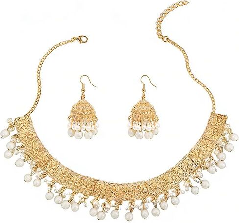 OIDIMS Indian Jewelry Set for Women Vintage Boho Flower Tassel Beaded Ball Charm Choker Necklace Elegant Dangle Drop Jhumka Earrings Bollywood Festival Statement Traditional Diwali Holiday in Kuwait