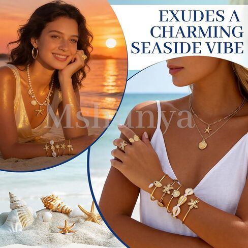 Starfish Seashell Jewelry Set for Women, Boho Summer Beach Jewelry | Ocean Jewelry with Necklaces, Anklets, Rings, Bracelets, Pendants for Women Holiday Beach Vacation Wedding Party Gift in Saudi Arabia