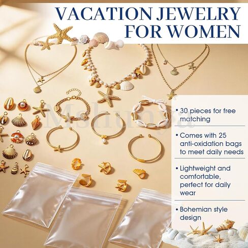 Starfish Seashell Jewelry Set for Women, Boho Summer Beach Jewelry | Ocean Jewelry with Necklaces, Anklets, Rings, Bracelets, Pendants for Women Holiday Beach Vacation Wedding Party Gift in Saudi Arabia