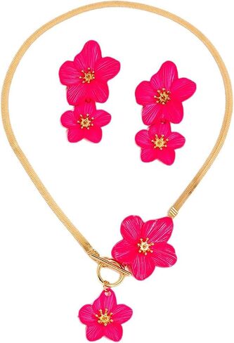 Colorful Flower Necklace Earrings Set for Women Gold Snake Chain Toggle Clasp Pendant Necklaces Dainty Double Flowers Statement Earrings Bridal Wedding Summer Beach Jewelry for Women in Saudi Arabia