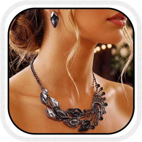 Yean Silver Blue Leaf Branch Necklace and Earrings Set Chunky Bib Necklace Jewelry for Women in Saudi Arabia