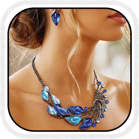 Yean Silver Blue Leaf Branch Necklace and Earrings Set Chunky Bib Necklace Jewelry for Women in Saudi Arabia