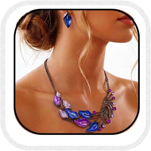 Yean Silver Blue Leaf Branch Necklace and Earrings Set Chunky Bib Necklace Jewelry for Women in Saudi Arabia