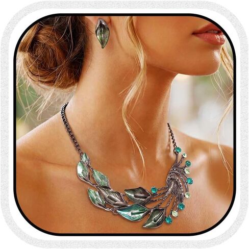 Yean Silver Blue Leaf Branch Necklace and Earrings Set Chunky Bib Necklace Jewelry for Women in Saudi Arabia