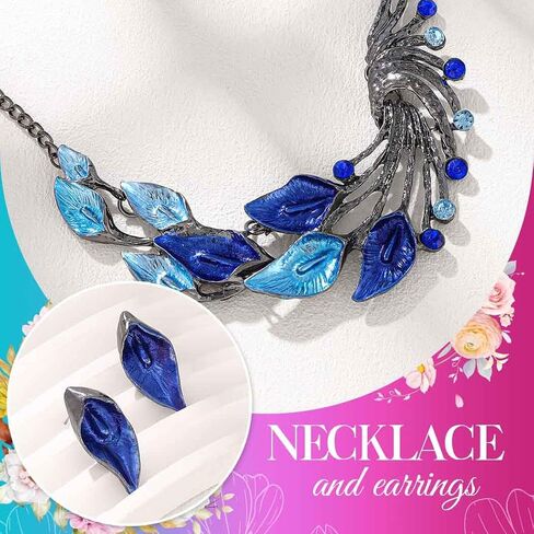 Yean Silver Blue Leaf Branch Necklace and Earrings Set Chunky Bib Necklace Jewelry for Women in Saudi Arabia