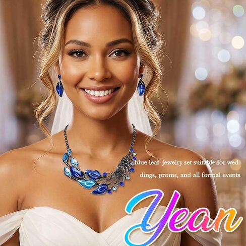 Yean Silver Blue Leaf Branch Necklace and Earrings Set Chunky Bib Necklace Jewelry for Women in Saudi Arabia