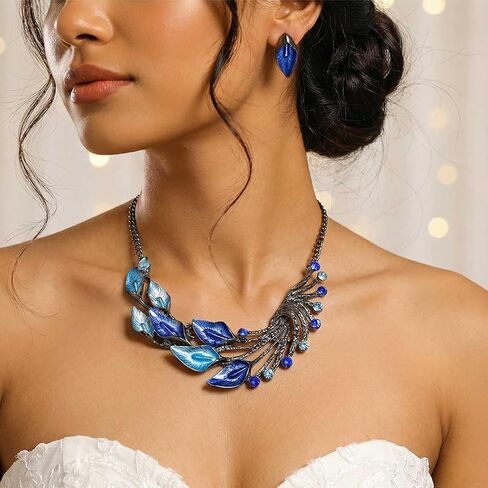 Yean Silver Blue Leaf Branch Necklace and Earrings Set Chunky Bib Necklace Jewelry for Women in Saudi Arabia