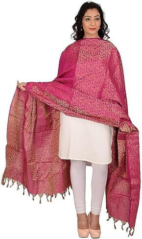 Women's & Girls Golden Zari Jacquard Banarsi Silk Dupatta (Tassels are Made by Hand) in Saudi Arabia