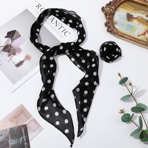 Chiffon Polka Dot Scarf for Women Removable Rose Flower Neck Scarf Soft Bandana Square Handkerchief Vintage Polka Dot Neck Scarf Versatile Headband Scarf for Women in Saudi Arabia