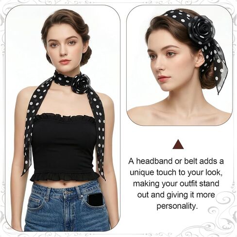 Chiffon Polka Dot Scarf for Women Removable Rose Flower Neck Scarf Soft Bandana Square Handkerchief Vintage Polka Dot Neck Scarf Versatile Headband Scarf for Women in Saudi Arabia