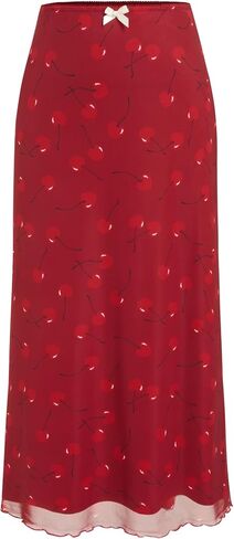 CIDER Womens Mesh Skirts Midi High Waisted Cherry Print Lace Trim Bow Knot Decor Long Skirts Red, L in Kuwait
