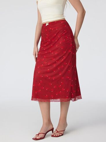 CIDER Womens Mesh Skirts Midi High Waisted Cherry Print Lace Trim Bow Knot Decor Long Skirts Red, L in Kuwait