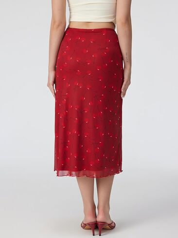 CIDER Womens Mesh Skirts Midi High Waisted Cherry Print Lace Trim Bow Knot Decor Long Skirts Red, L in Kuwait