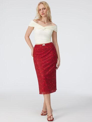 CIDER Womens Mesh Skirts Midi High Waisted Cherry Print Lace Trim Bow Knot Decor Long Skirts Red, L in Kuwait