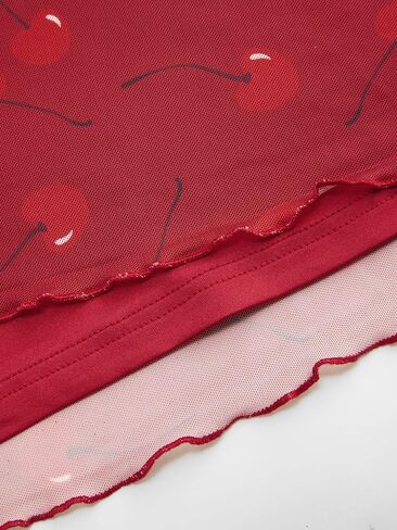 CIDER Womens Mesh Skirts Midi High Waisted Cherry Print Lace Trim Bow Knot Decor Long Skirts Red, L in Kuwait