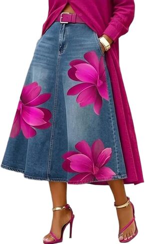 Denim Skirt Women Spring Summer Floral Print High Waisted A Line Long Midi Jean Skirt with Pockets in Kuwait