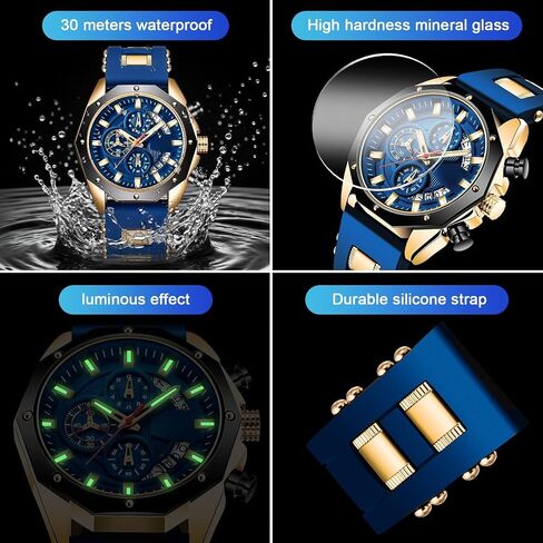 Men’s Wrist Watch Analog Dress Waterproof Work Casual Vintage Chronograph 3ATM Silicone Strap Date Gift for Men in Saudi Arabia